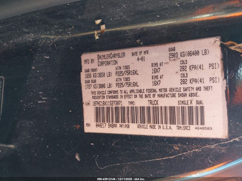 2001 Dodge Ram 1500 St/Ws VIN: 1B7HC16X11S273071 Lot: 43912146