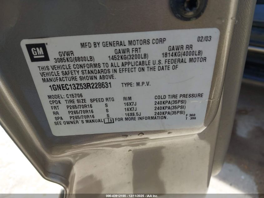 2003 Chevrolet Tahoe Lt VIN: 1GNEC13Z53R228631 Lot: 43912155