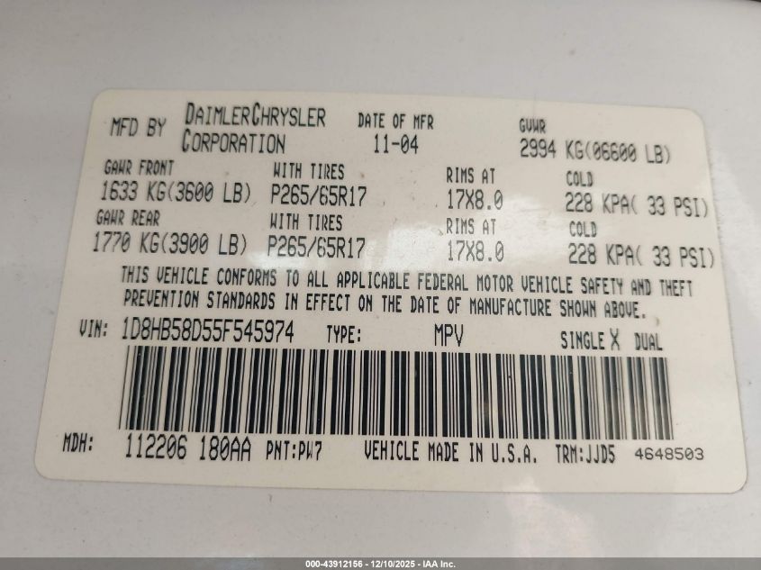 2005 Dodge Durango Limited VIN: 1D8HB58D55F545974 Lot: 43912156