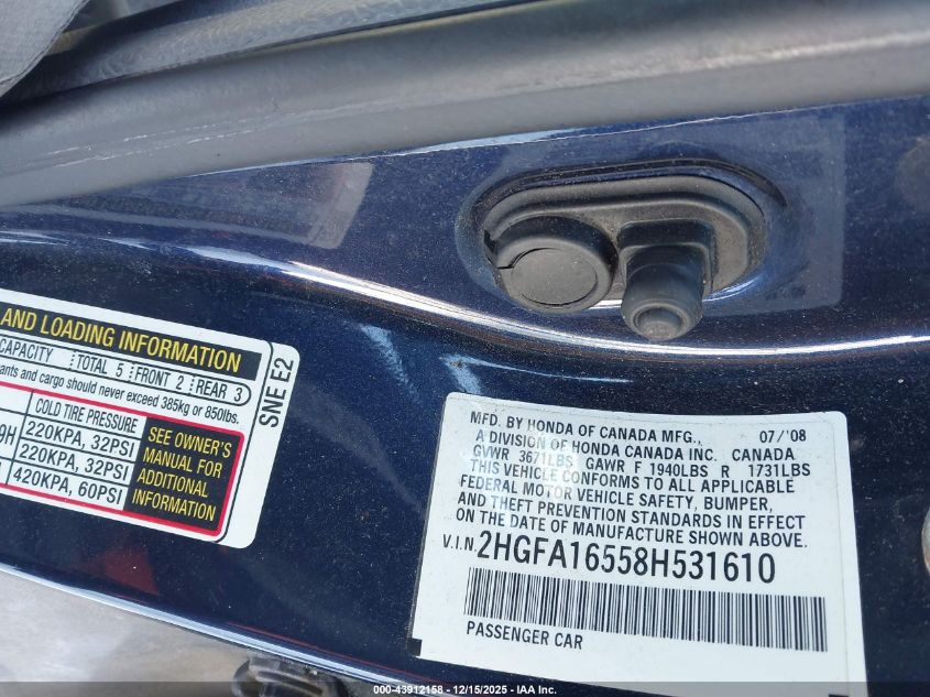 2008 Honda Civic Lx VIN: 2HGFA16558H531610 Lot: 43912158