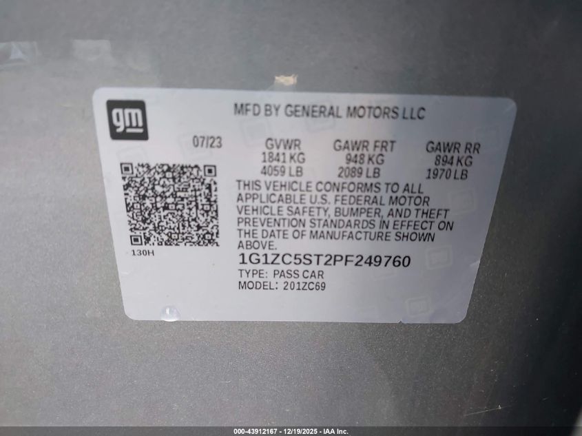 2023 Chevrolet Malibu Fwd 1Fl VIN: 1G1ZC5ST2PF249760 Lot: 43912167