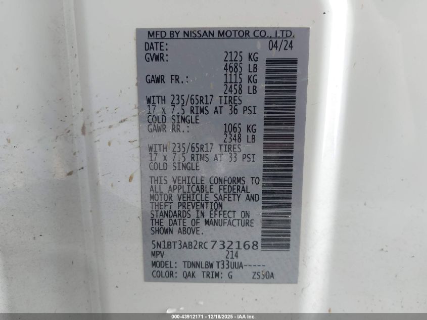 2024 Nissan Rogue S Intelligent Awd VIN: 5N1BT3AB2RC732168 Lot: 43912171