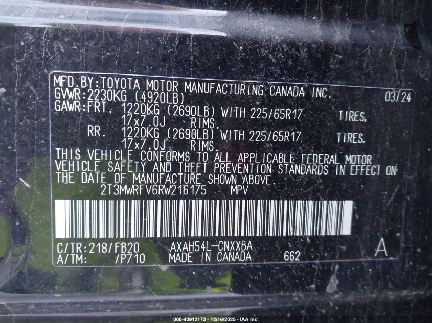 2024 Toyota Rav4 Hybrid Le VIN: 2T3MWRFV6RW216175 Lot: 43912173