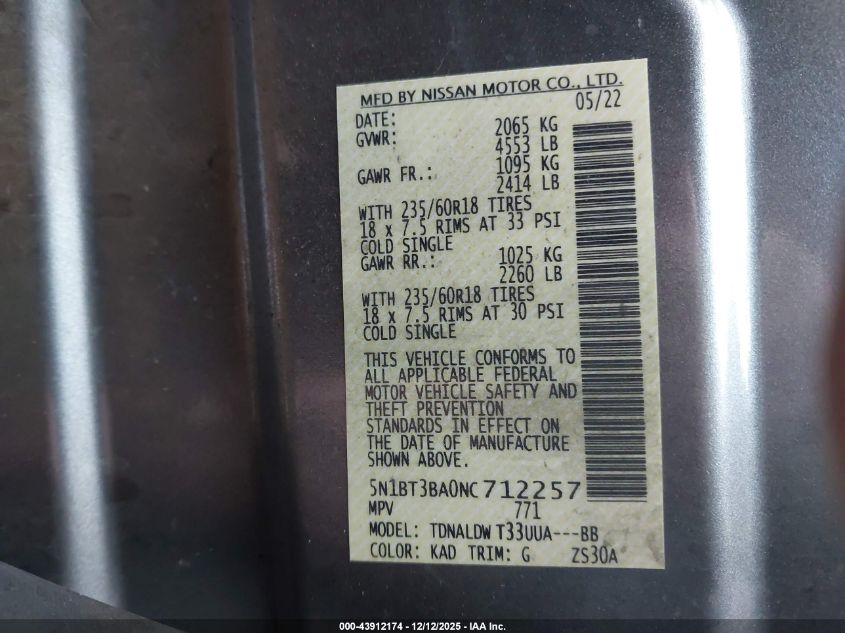 2022 Nissan Rogue Sv Fwd VIN: 5N1BT3BA0NC712257 Lot: 43912174