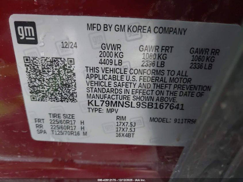 2025 Chevrolet Trailblazer Awd Ls VIN: KL79MNSL9SB167641 Lot: 43912175