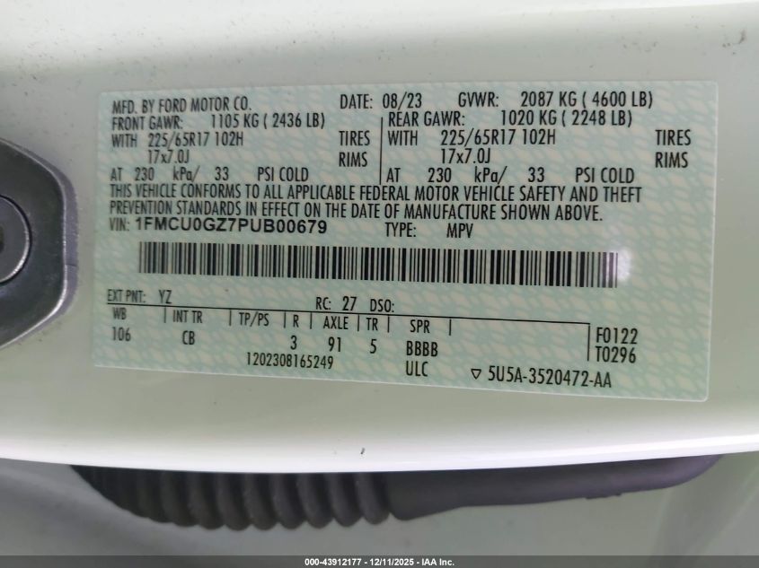 2023 Ford Escape Active VIN: 1FMCU0GZ7PUB00679 Lot: 43912177