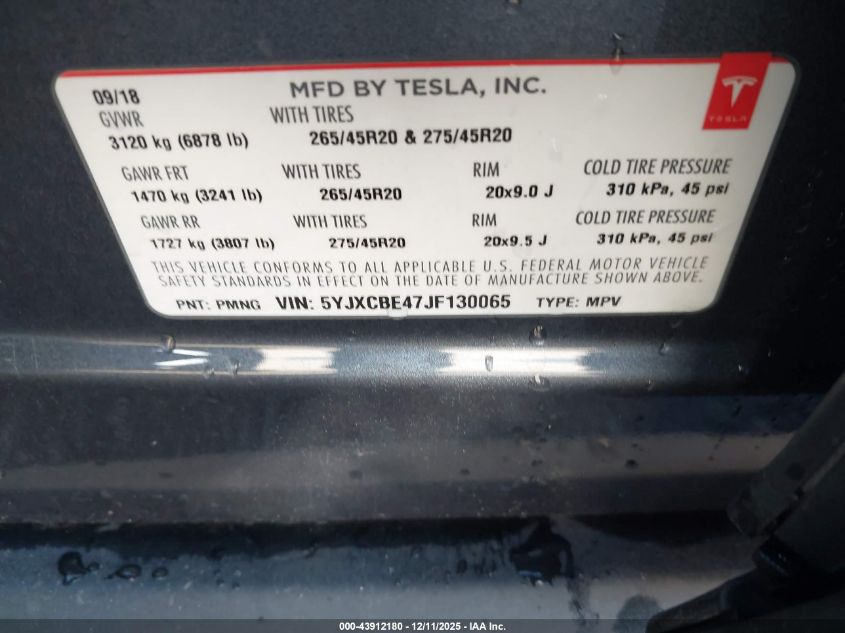 2018 Tesla Model X 100D/75D/P100D VIN: 5YJXCBE47JF130065 Lot: 43912180