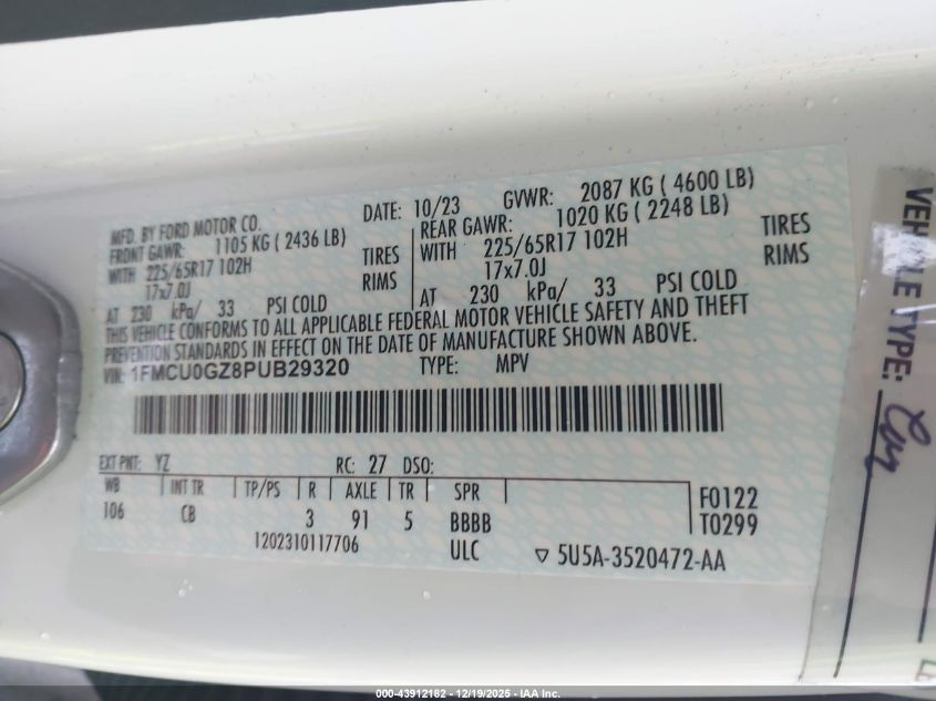 2023 Ford Escape Active VIN: 1FMCU0GZ8PUB29320 Lot: 43912182