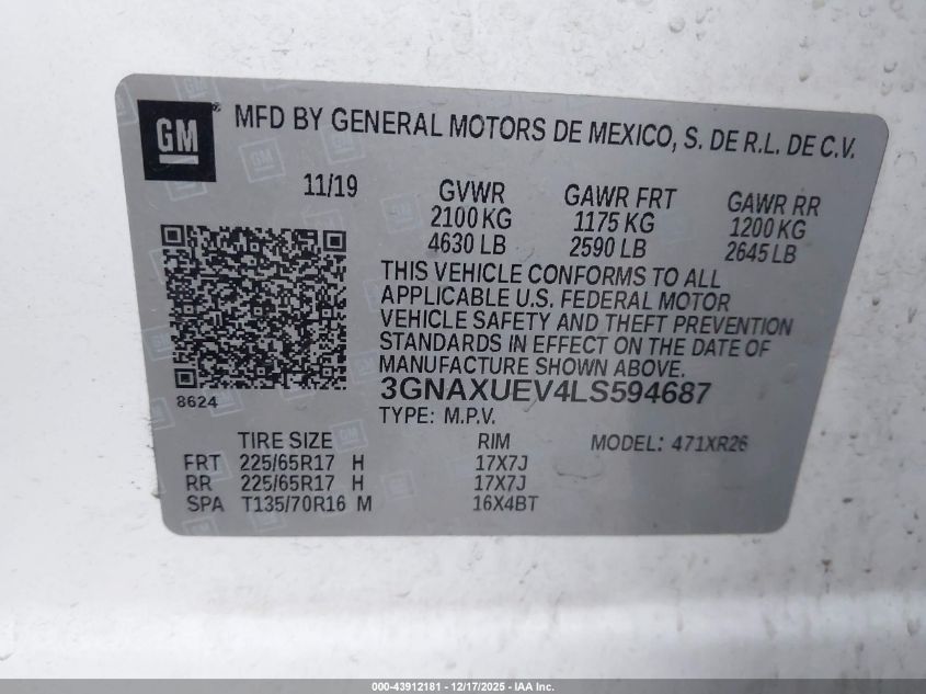 2020 Chevrolet Equinox Awd Lt 1.5L Turbo VIN: 3GNAXUEV4LS594687 Lot: 43912181