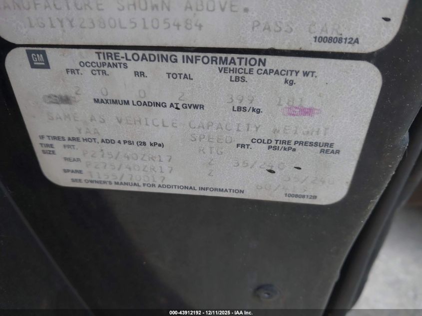 1990 Chevrolet Corvette VIN: 1G1YY2380L5105484 Lot: 43912192