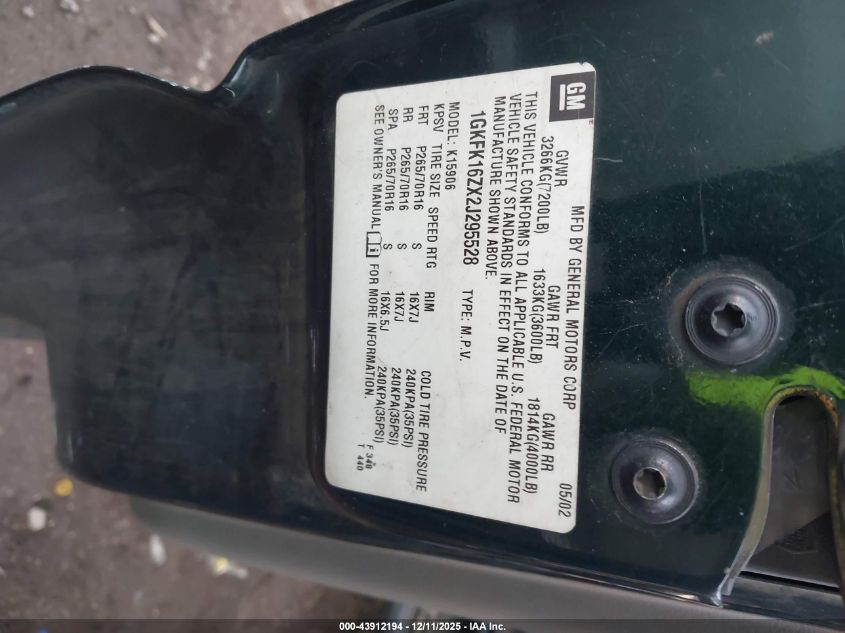 2002 GMC Yukon Xl 1500 Slt VIN: 1GKFK16ZX2J295528 Lot: 43912194