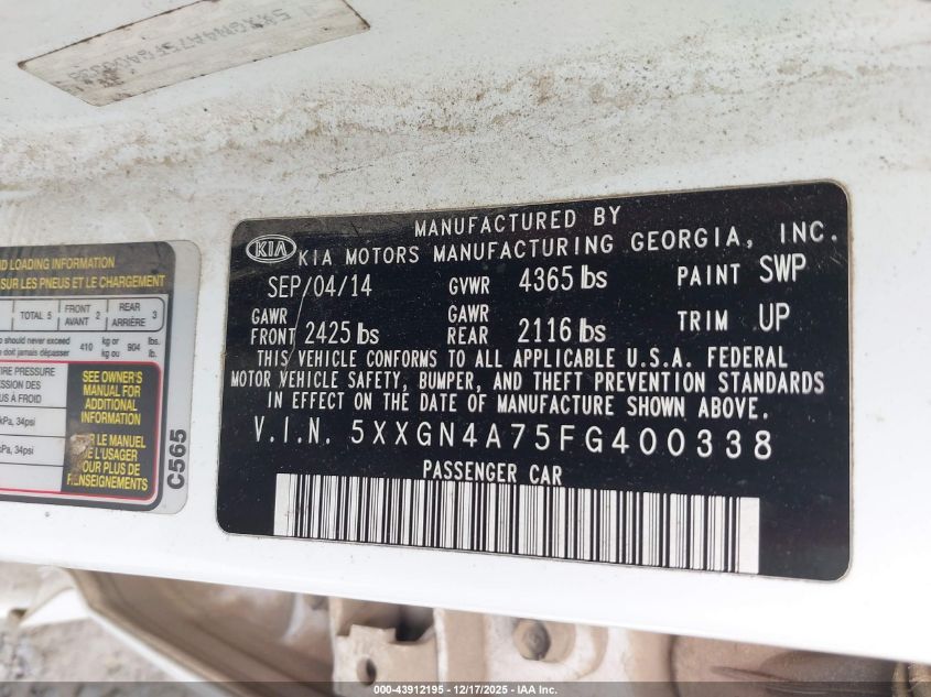 2015 Kia Optima Ex VIN: 5XXGN4A75FG400338 Lot: 43912195