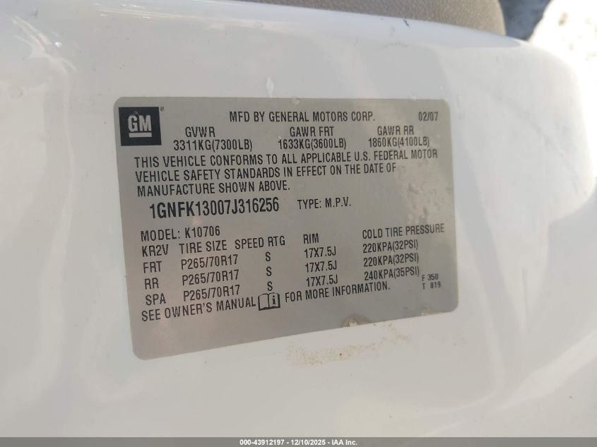 2007 Chevrolet Tahoe Ls VIN: 1GNFK13007J316256 Lot: 43912197