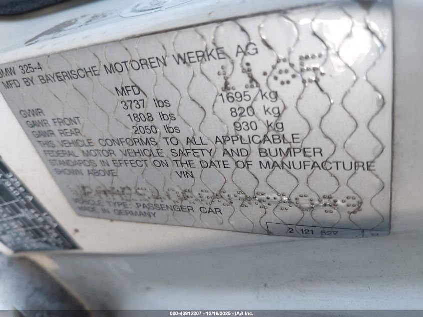 1986 BMW 325 E VIN: WBAAE5406G0989099 Lot: 43912207