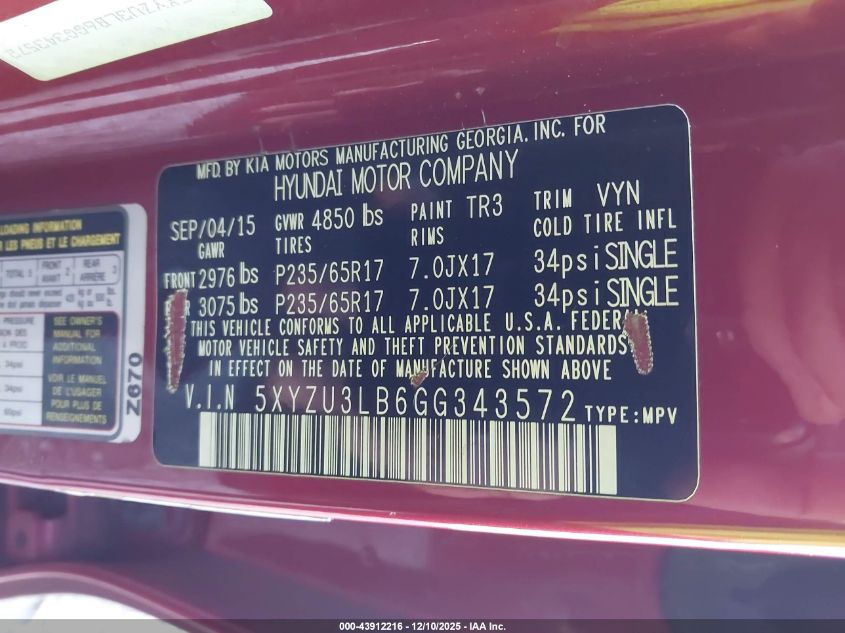 2016 Hyundai Santa Fe Sport 2.4L VIN: 5XYZU3LB6GG343572 Lot: 43912216