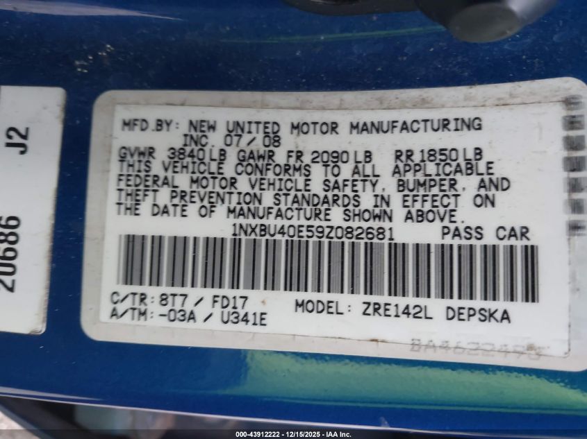 2009 Toyota Corolla S VIN: 1NXBU40E59Z082681 Lot: 43912222