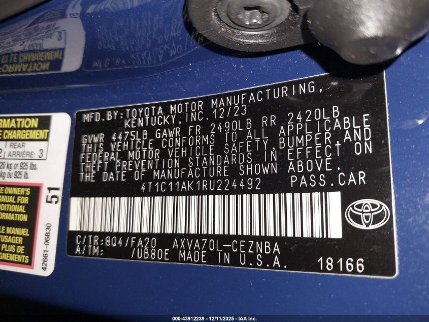 2024 Toyota Camry Le VIN: 4T1C11AK1RU224492 Lot: 43912239