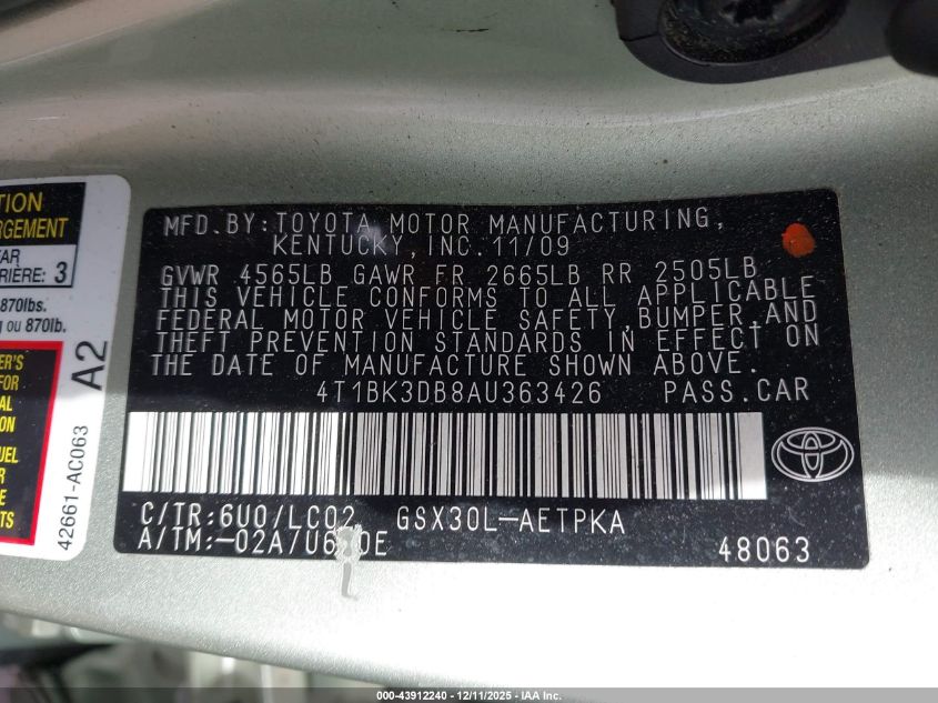 2010 Toyota Avalon Limited VIN: 4T1BK3DB8AU363426 Lot: 43912240