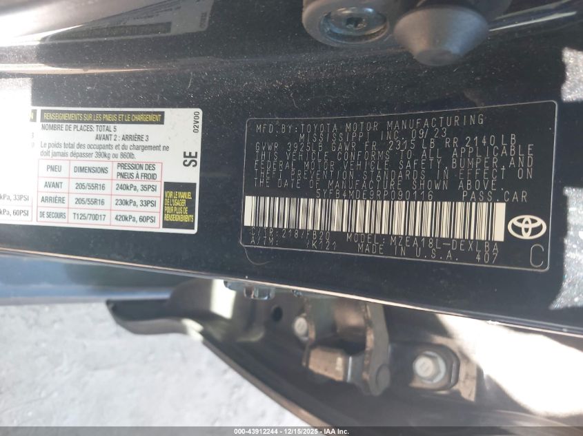 2024 Toyota Corolla Le VIN: 5YFB4MDE9RP090116 Lot: 43912244