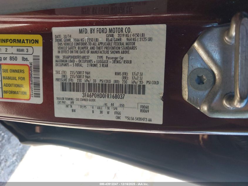 2015 Ford Fusion Se VIN: 3FA6P0HD0FR168037 Lot: 43912247