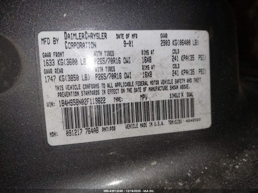 2002 Dodge Durango Slt Plus VIN: 1B4HS58N02F119822 Lot: 43912248