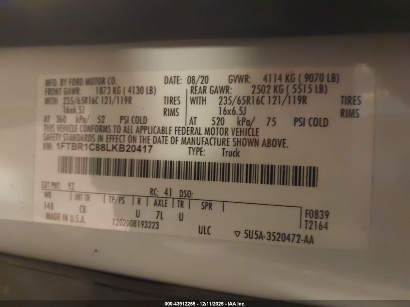 2020 Ford Transit-250 VIN: 1FTBR1C88LKB20417 Lot: 43912255