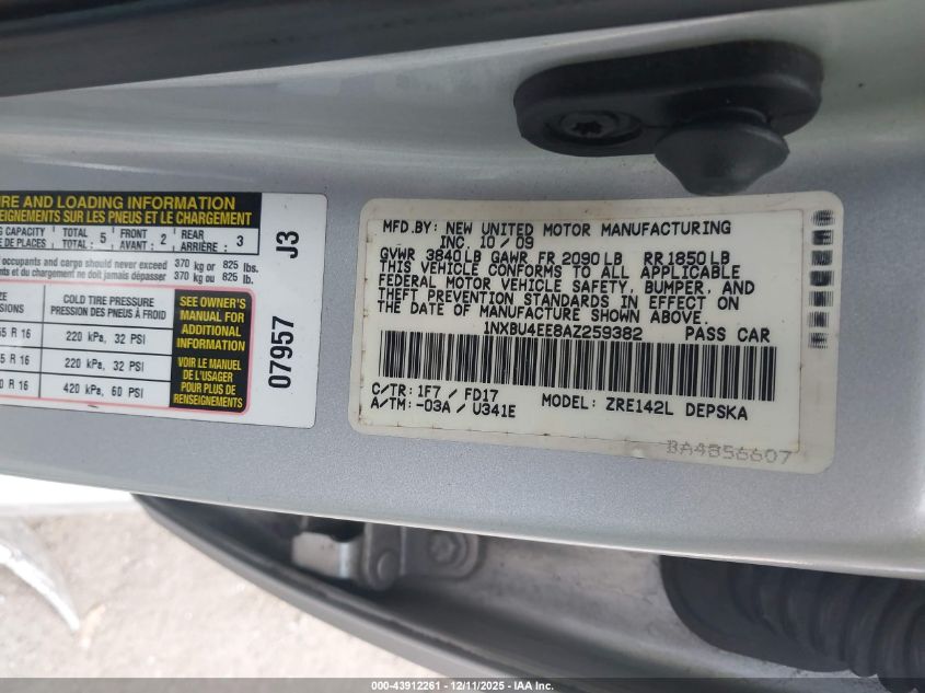 2010 Toyota Corolla S VIN: 1NXBU4EE8AZ259382 Lot: 43912261