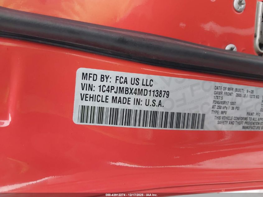 2021 Jeep Cherokee Trailhawk 4X4 VIN: 1C4PJMBX4MD113879 Lot: 43912274