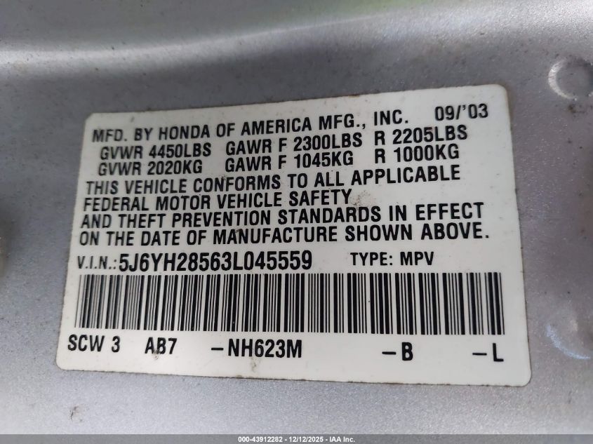 2003 Honda Element Ex VIN: 5J6YH28563L045559 Lot: 43912282