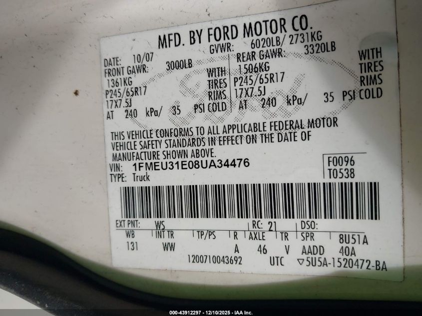 2008 Ford Explorer Sport Trac Xlt VIN: 1FMEU31E08UA34476 Lot: 43912297