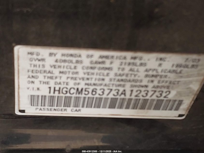 2003 Honda Accord 2.4 Lx VIN: 1HGCM56373A123732 Lot: 43912300