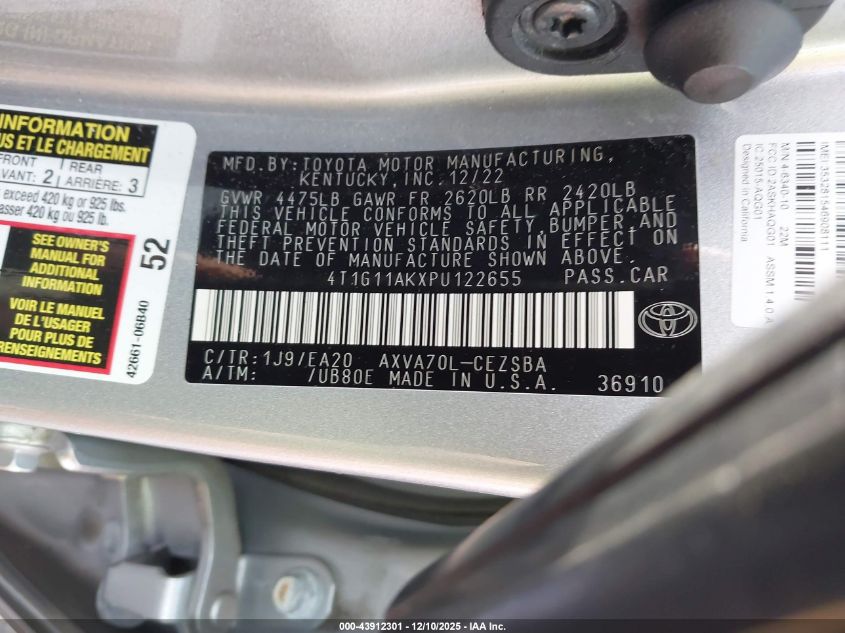 2023 Toyota Camry Se VIN: 4T1G11AKXPU122655 Lot: 43912301