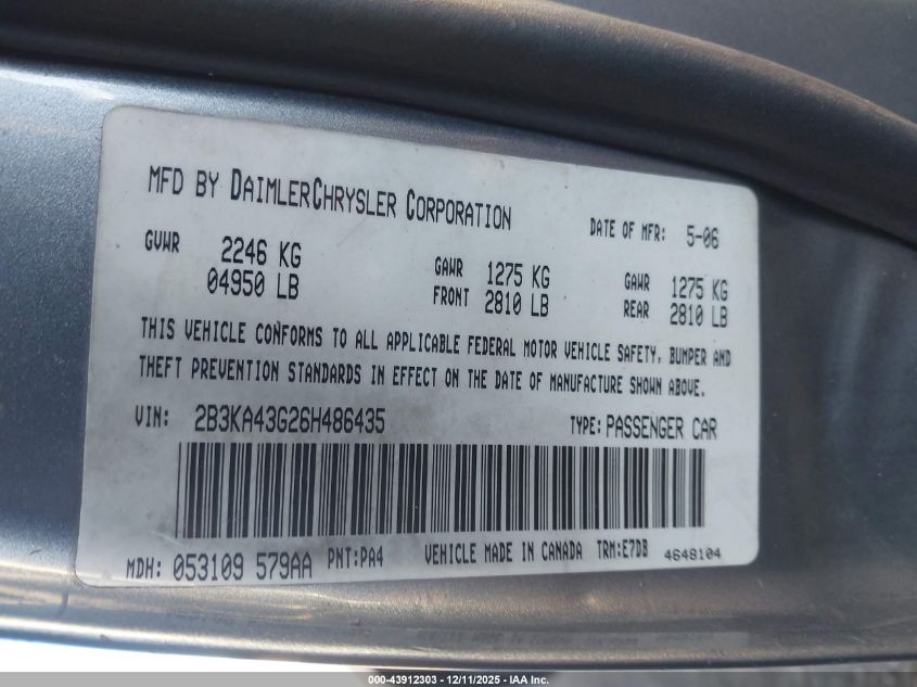 2006 Dodge Charger VIN: 2B3KA43G26H486435 Lot: 43912303