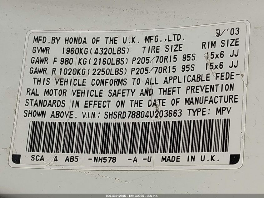 2004 Honda Cr-V Ex VIN: SHSRD78804U203663 Lot: 43912305