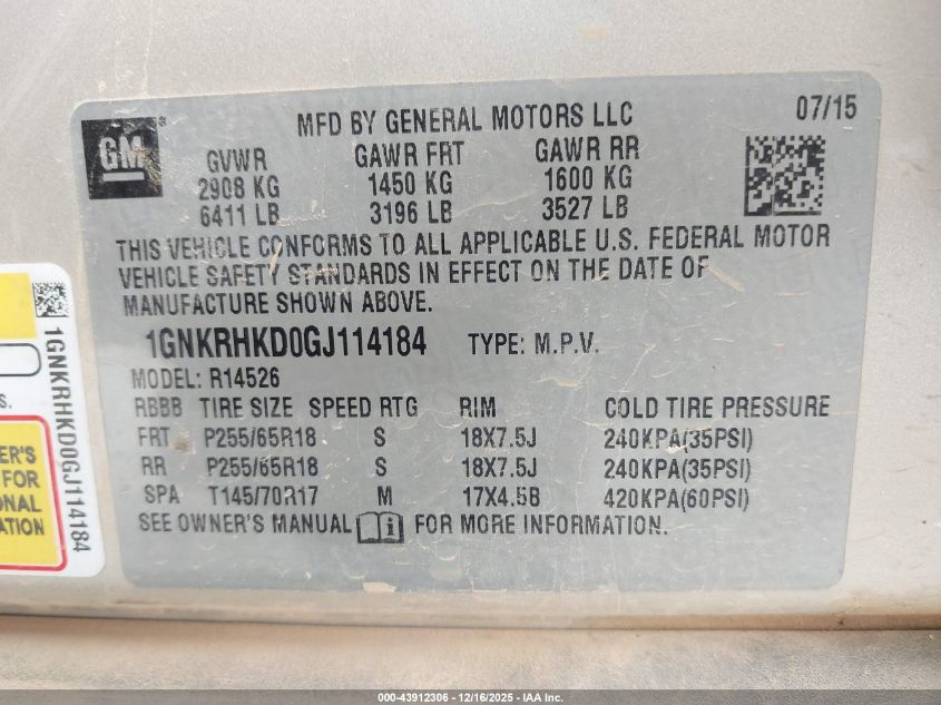 2016 Chevrolet Traverse 2Lt VIN: 1GNKRHKD0GJ114184 Lot: 43912306