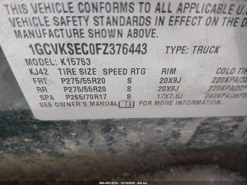 2015 Chevrolet Silverado 1500 1Lz VIN: 1GCVKSEC0FZ376443 Lot: 43912316