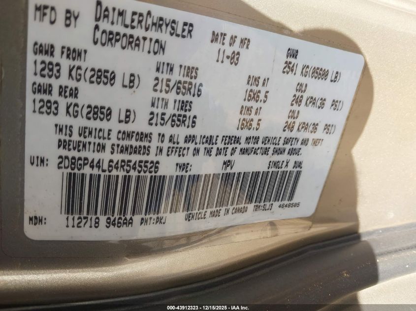 2004 Dodge Grand Caravan Sxt VIN: 2D8GP44L64R545526 Lot: 43912323