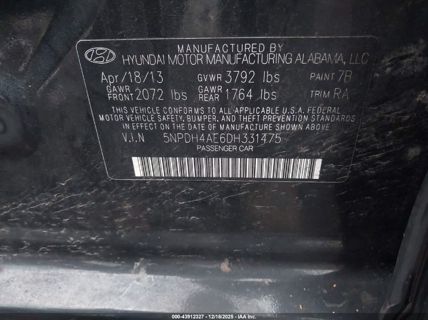 2013 Hyundai Elantra Gls VIN: 5NPDH4AE6DH331475 Lot: 43912327