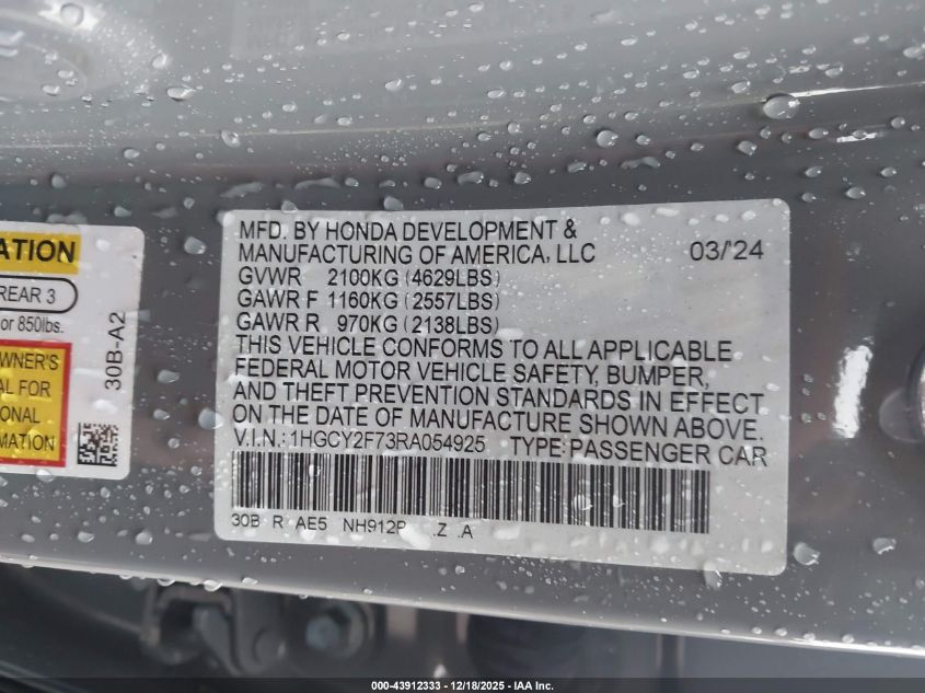 2024 Honda Accord Hybrid Sport-L VIN: 1HGCY2F73RA054925 Lot: 43912333