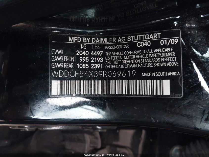 2009 Mercedes-Benz C 300 Luxury/Sport VIN: WDDGF54X39R069619 Lot: 43912343