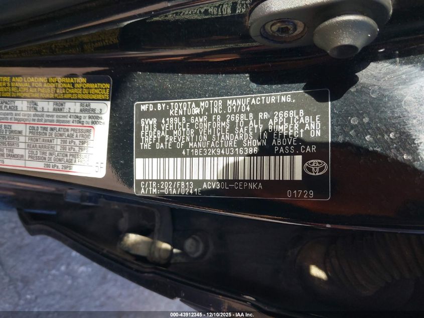 2004 Toyota Camry Le VIN: 4T1BE32K94U316386 Lot: 43912345