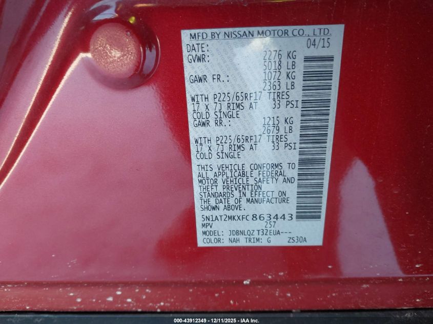 2015 Nissan Rogue Sv VIN: 5N1AT2MKXFC863443 Lot: 43912349