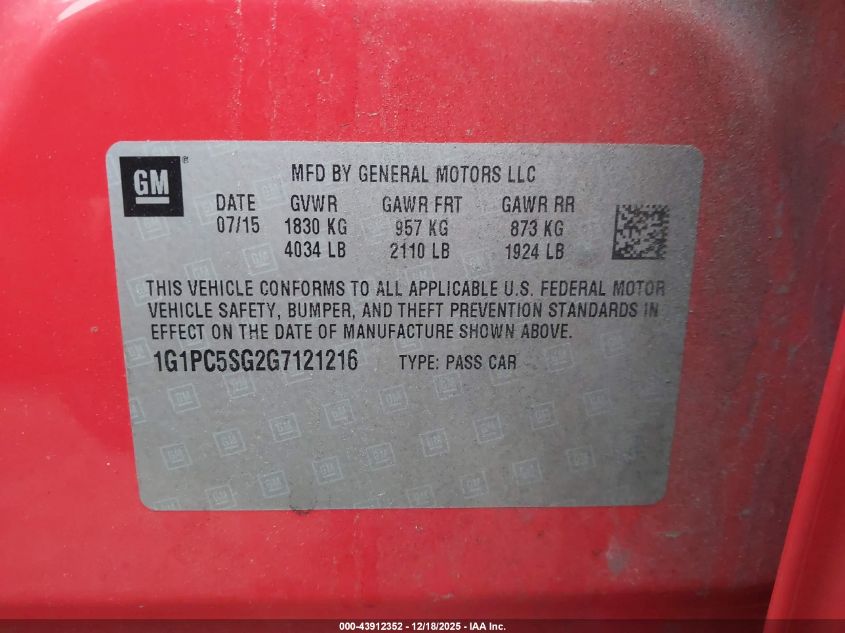 2016 Chevrolet Cruze Limited Ls Auto VIN: 1G1PC5SG2G7121216 Lot: 43912352