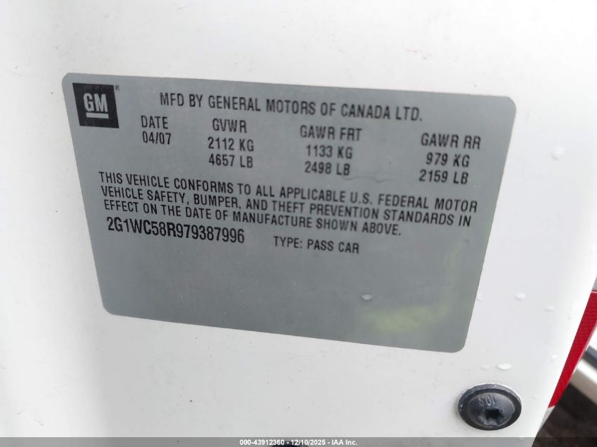 2007 Chevrolet Impala Lt VIN: 2G1WC58R979387996 Lot: 43912360