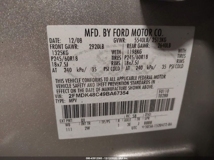 2009 Ford Edge Sel VIN: 2FMDK48C49BA67354 Lot: 43912365