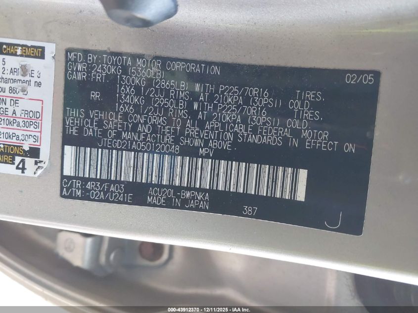 2005 Toyota Highlander VIN: JTEGD21A050120048 Lot: 43912370