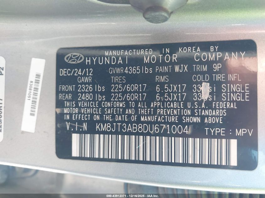 2013 Hyundai Tucson Gl VIN: KM8JT3AB8DU671004 Lot: 43912371