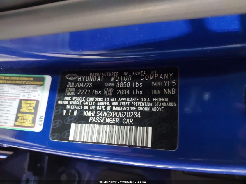 2023 Hyundai Elantra Sel VIN: KMHLS4AGXPU620234 Lot: 43912396