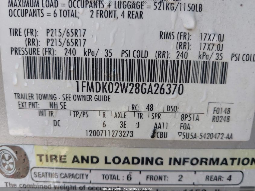 2008 Ford Taurus X Sel VIN: 1FMDK02W28GA26370 Lot: 43912398