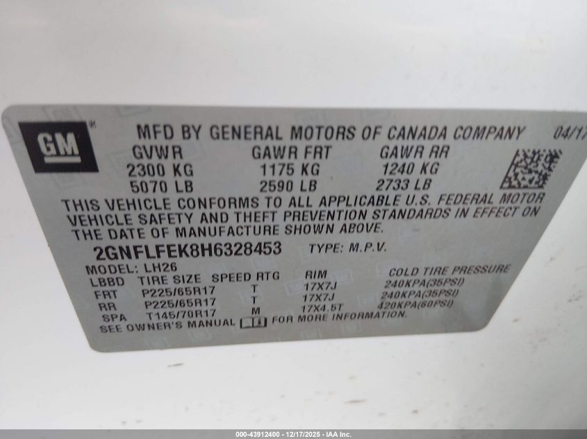 2017 Chevrolet Equinox Lt VIN: 2GNFLFEK8H6328453 Lot: 43912400